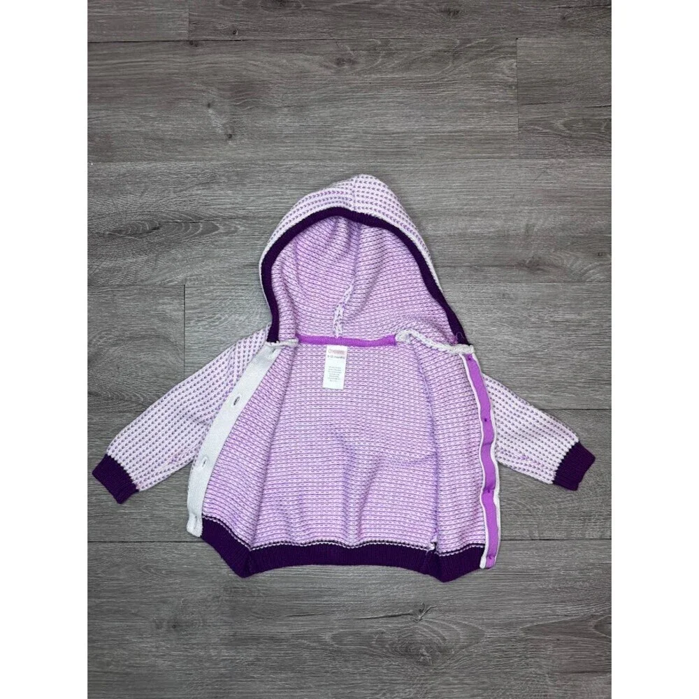 Baby Hooded Knit Cardigan Sweater Pom Pom Purple White Button 6-12 Months